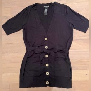 Cardigan Sweater With Gold Buttons and Tie Belt - Black Medium